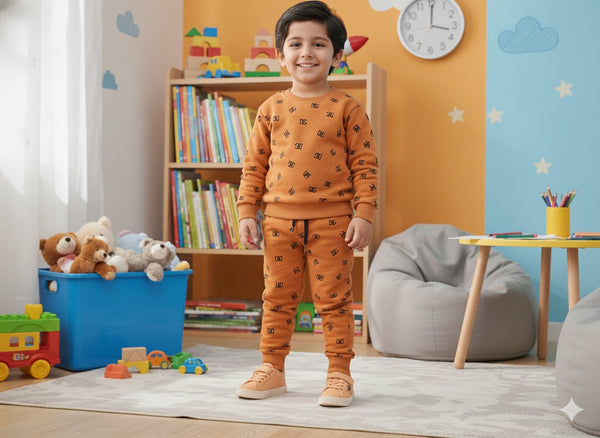 Kids Boys DG 2 piece Printed Mustard Orange Fleece Tracksuit - Alvore.pk