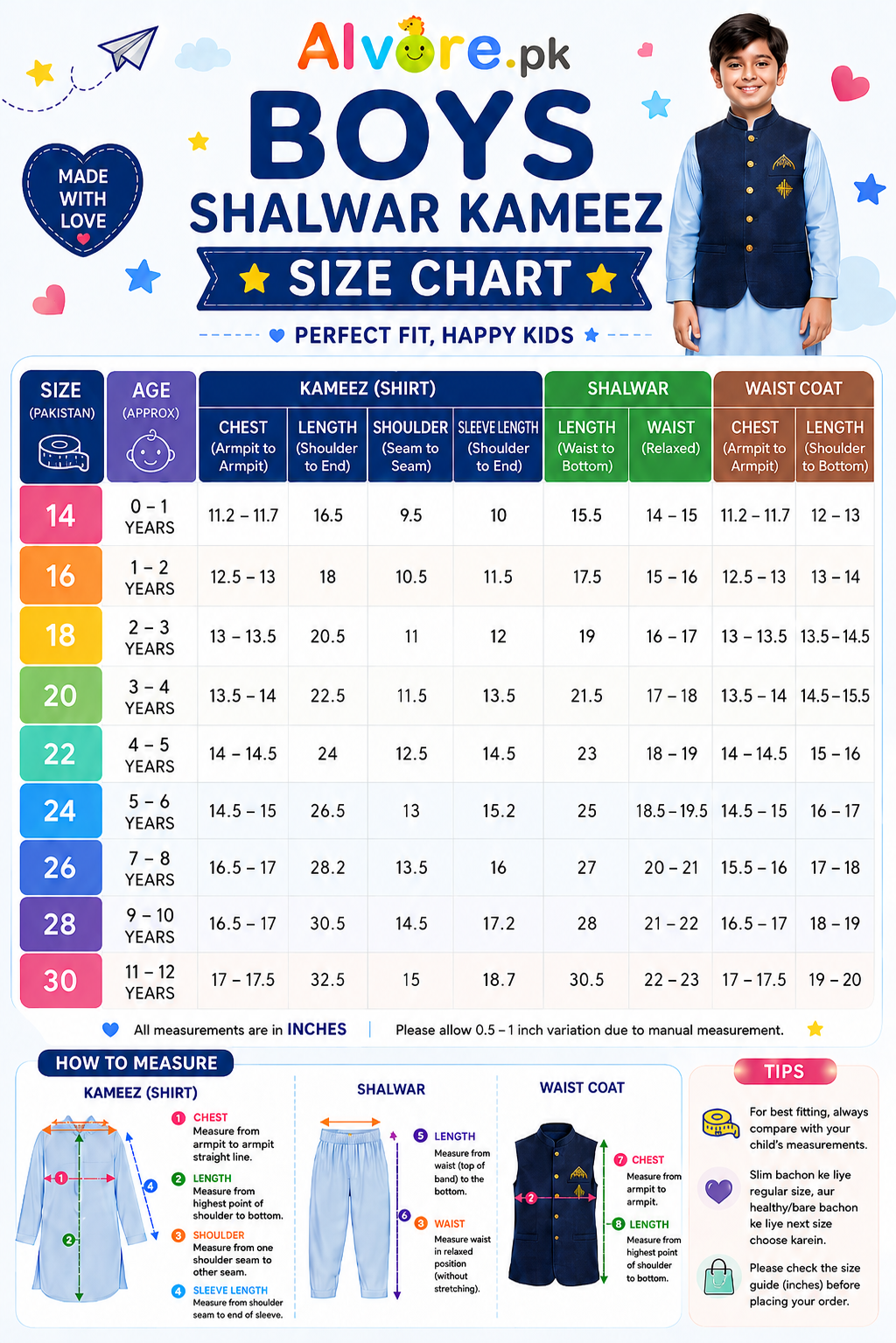 Size chart for Boys Shalwar Kameez with Waistcoat – Chocolate Brown Embroidered 3 Piece Suit
