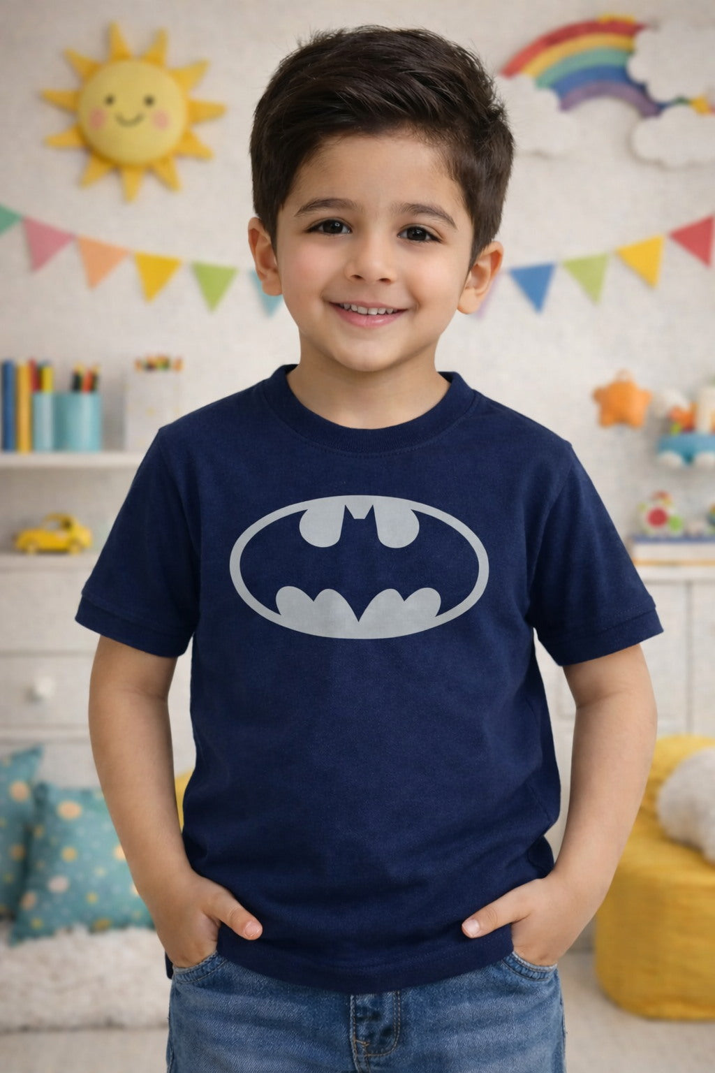 BATMAN LOGO  SUMMER Boys T-SHIRT-Navy Blue
