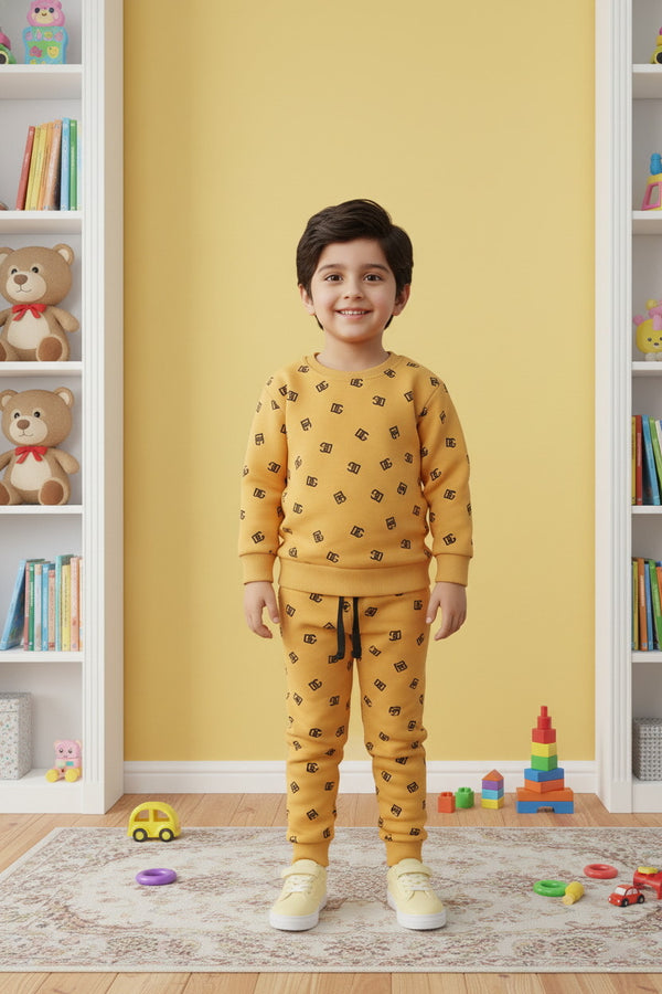 Boys 2 piece Yellow DG All-Over Printed Fleece Tracksuit - Alvore.pk