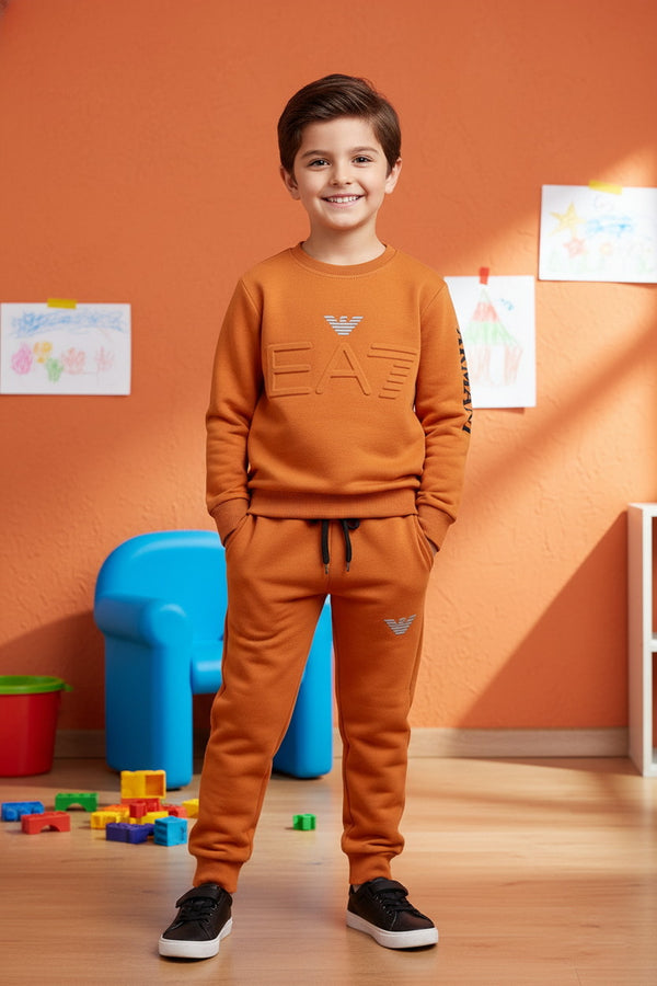 Boys Orange Armani Logo Sweatshirt & Trouser Set – Premium Fleece Two-Piece Outfit - Alvore.pk