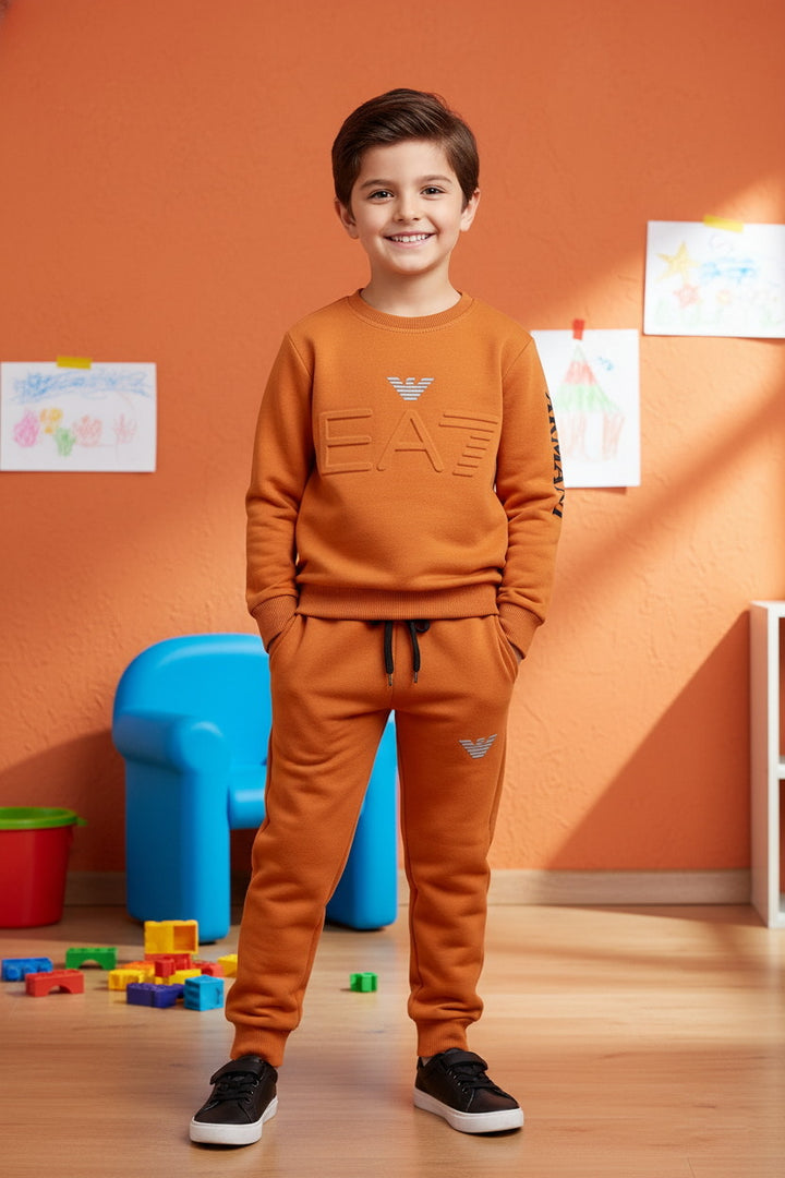 Boys Orange Armani Logo Sweatshirt & Trouser Set – Premium Fleece Two-Piece Outfit - Alvore.pk