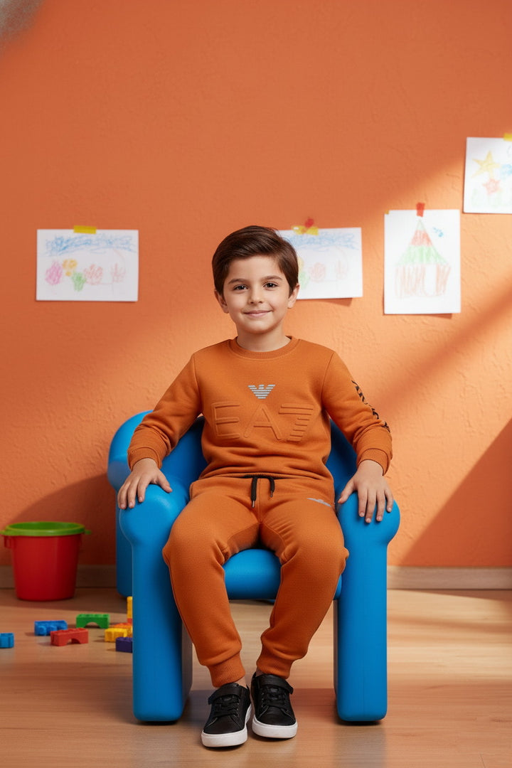 Boys Orange Armani Logo Sweatshirt & Trouser Set – Premium Fleece Two-Piece Outfit - Alvore.pk