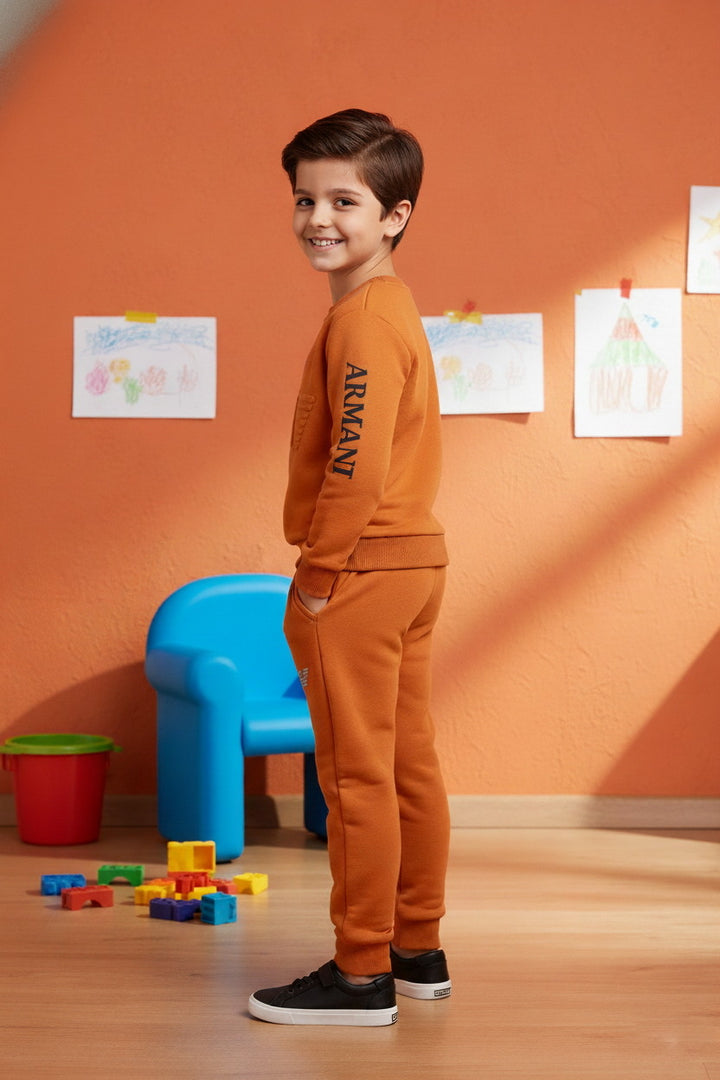 Boys Orange Armani Logo Sweatshirt & Trouser Set – Premium Fleece Two-Piece Outfit - Alvore.pk