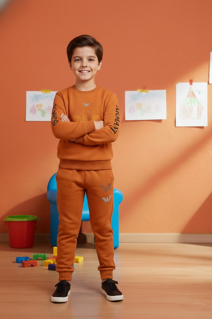 Boys Orange Armani Logo Sweatshirt & Trouser Set – Premium Fleece Two-Piece Outfit - Alvore.pk