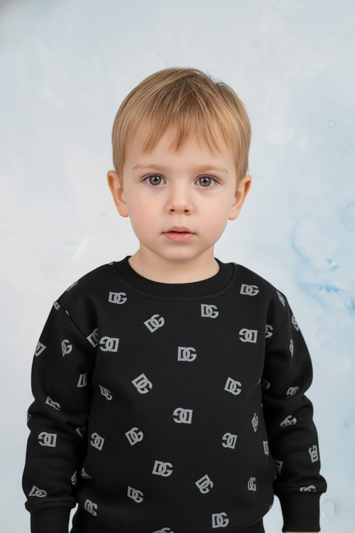 Boys Black 2 piece DG All-Over Logo Printed Fleece Tracksuit - Alvore.pk