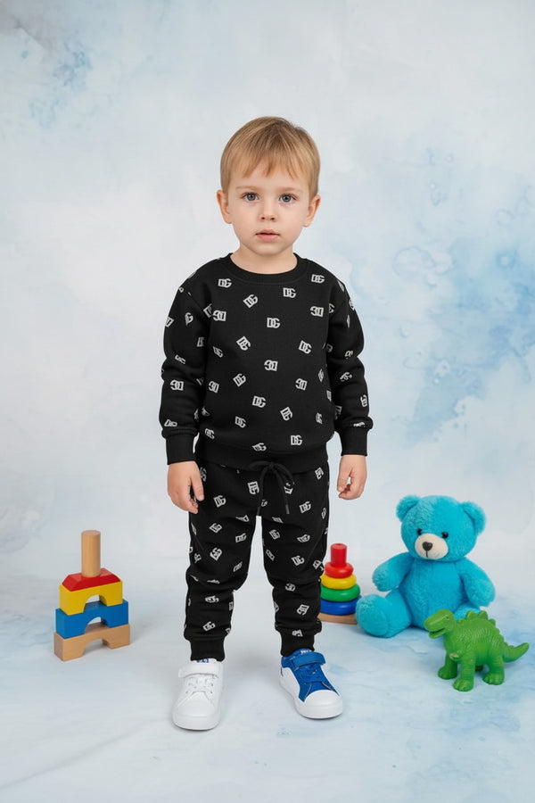 Boys Black 2 piece DG All-Over Logo Printed Fleece Tracksuit - Alvore.pk