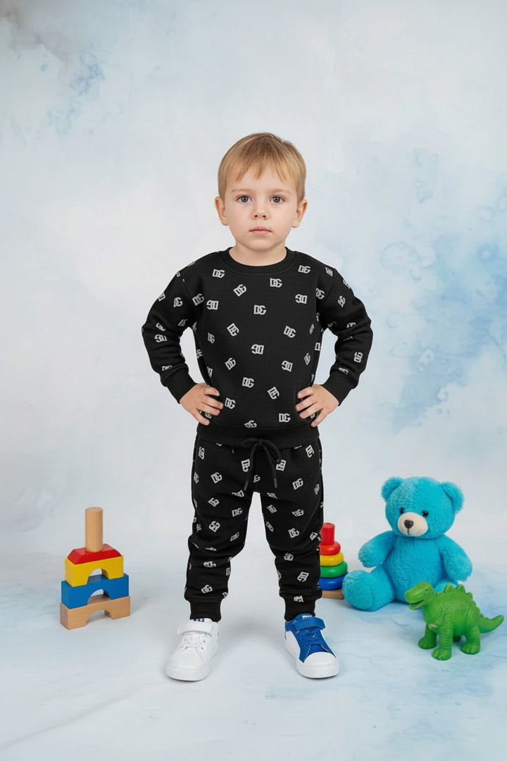 Boys Black 2 piece DG All-Over Logo Printed Fleece Tracksuit - Alvore.pk