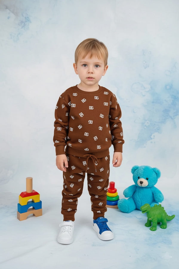 Boys 2 piece Chocolate Brown DG All-Over Printed Fleece Tracksuit - Alvore.pk