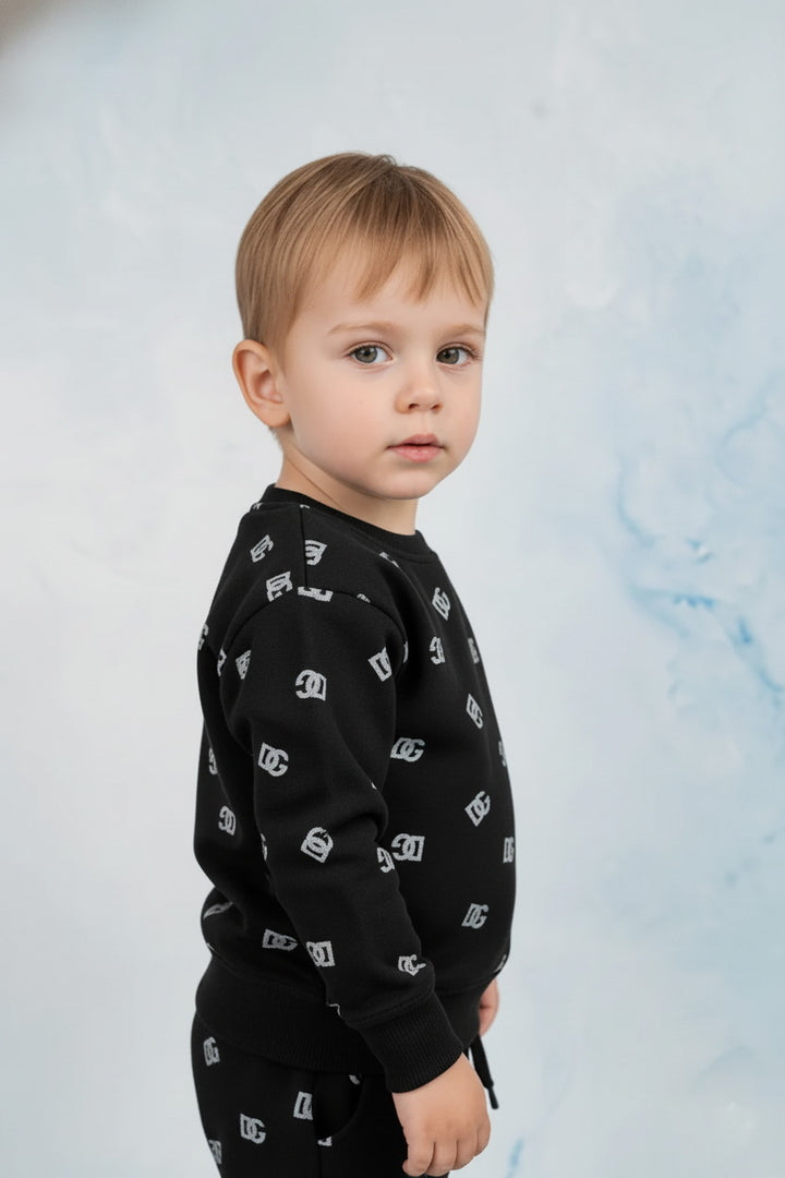 Boys Black 2 piece DG All-Over Logo Printed Fleece Tracksuit - Alvore.pk