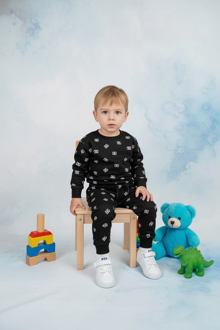 Boys Black 2 piece DG All-Over Logo Printed Fleece Tracksuit - Alvore.pk