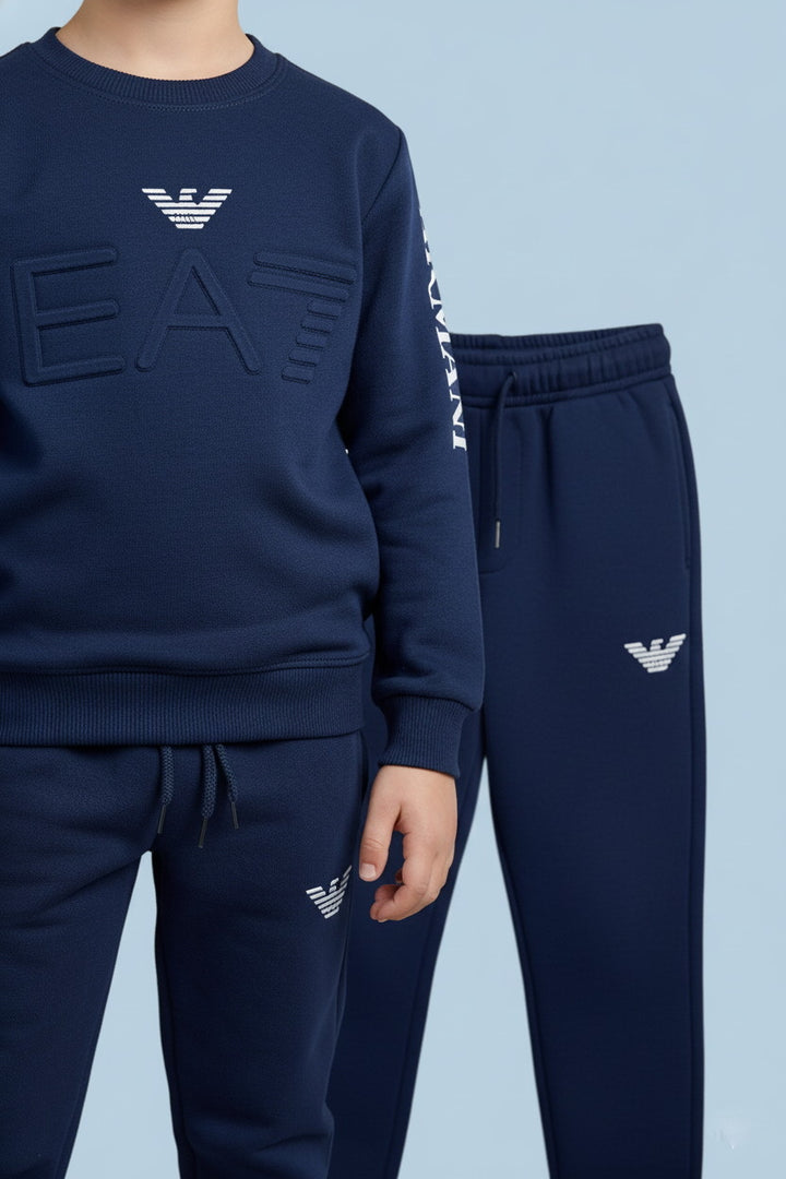 Boys Blue Armani Logo Sweatshirt & Trouser Set – Premium Fleece Two-Piece Outfit - Alvore.pk