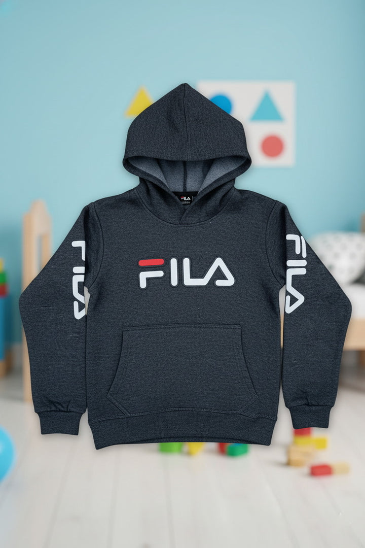 Dark Charcoal FILA Logo Kids Hoodie – Front Signature Print with Sleeve Branding - Alvore.pk