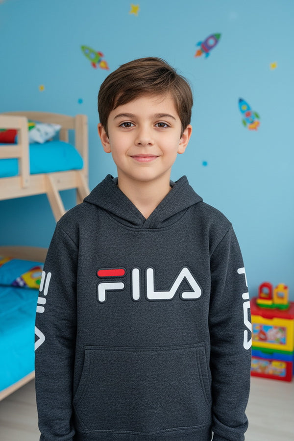 Dark Charcoal FILA Logo Kids Hoodie – Front Signature Print with Sleeve Branding - Alvore.pk