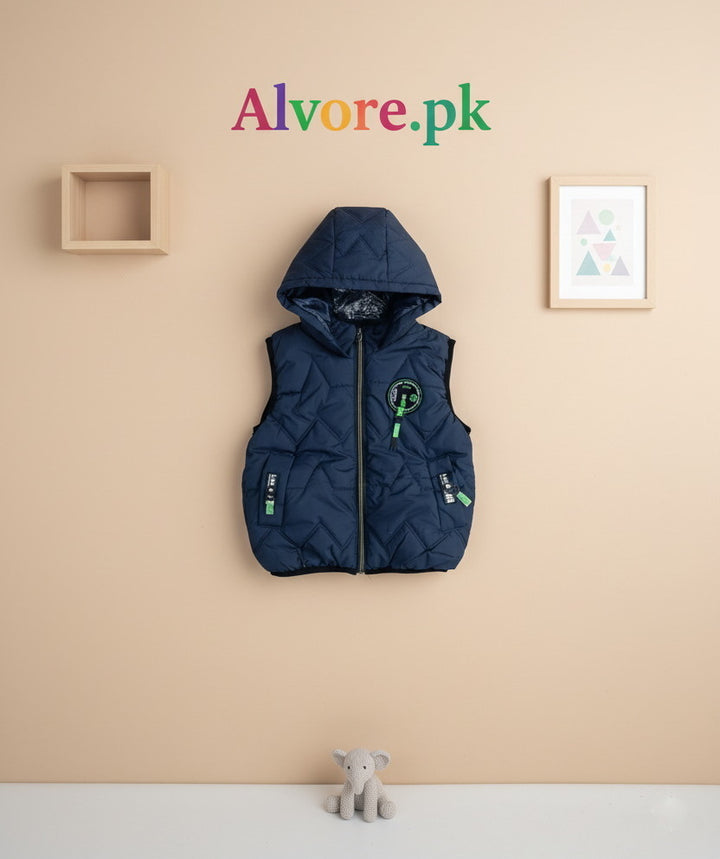 Kids Red Padded Sleeveless Hooded Jacket design 2 - Alvore.pk