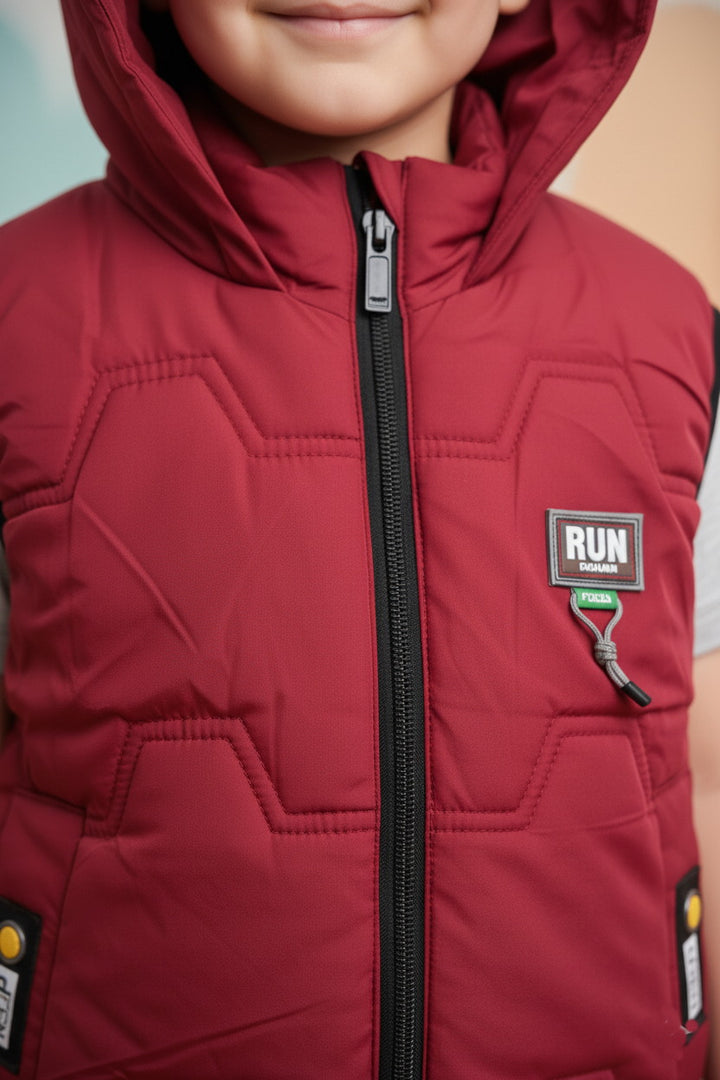 Kids Red Padded Sleeveless Hooded Jacket - Alvore.pk