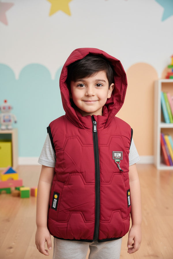 Kids Red Padded Sleeveless Hooded Jacket - Alvore.pk