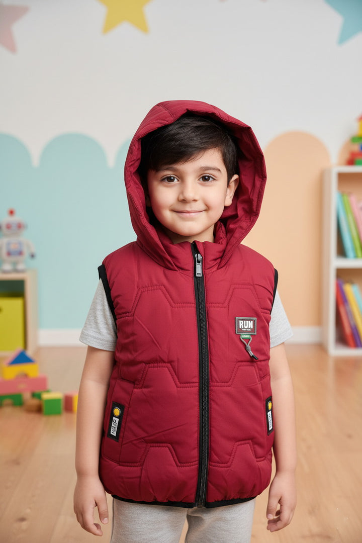 Kids Red Padded Sleeveless Hooded Jacket - Alvore.pk