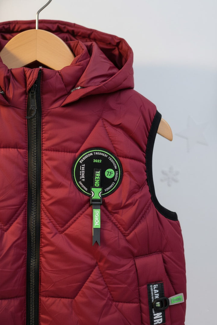 Kids Red Padded Sleeveless Hooded Jacket design 2 - Alvore.pk