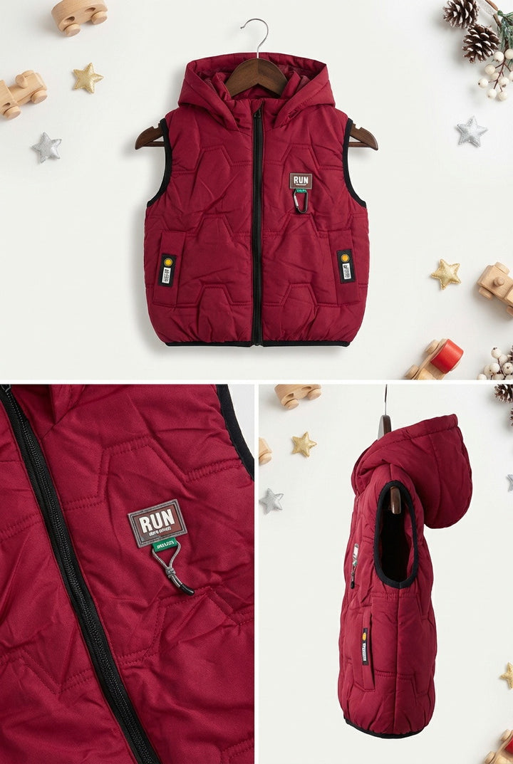 Kids Red Padded Sleeveless Hooded Jacket - Alvore.pk