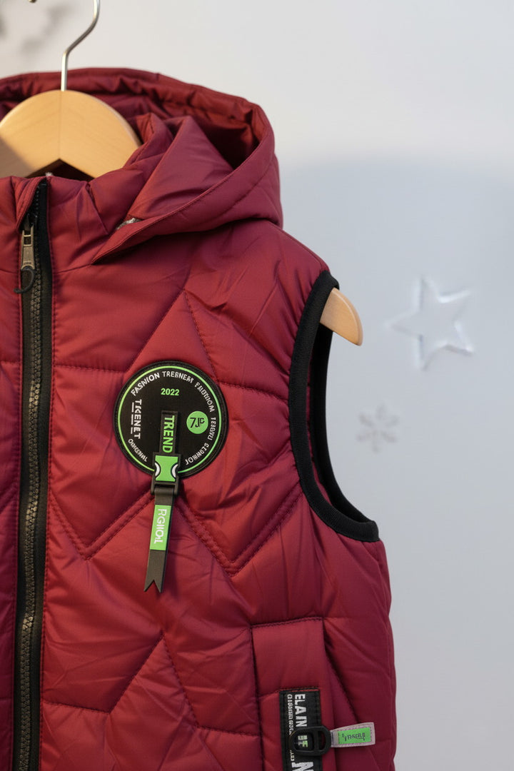 Kids Red Padded Sleeveless Hooded Jacket design 2 - Alvore.pk