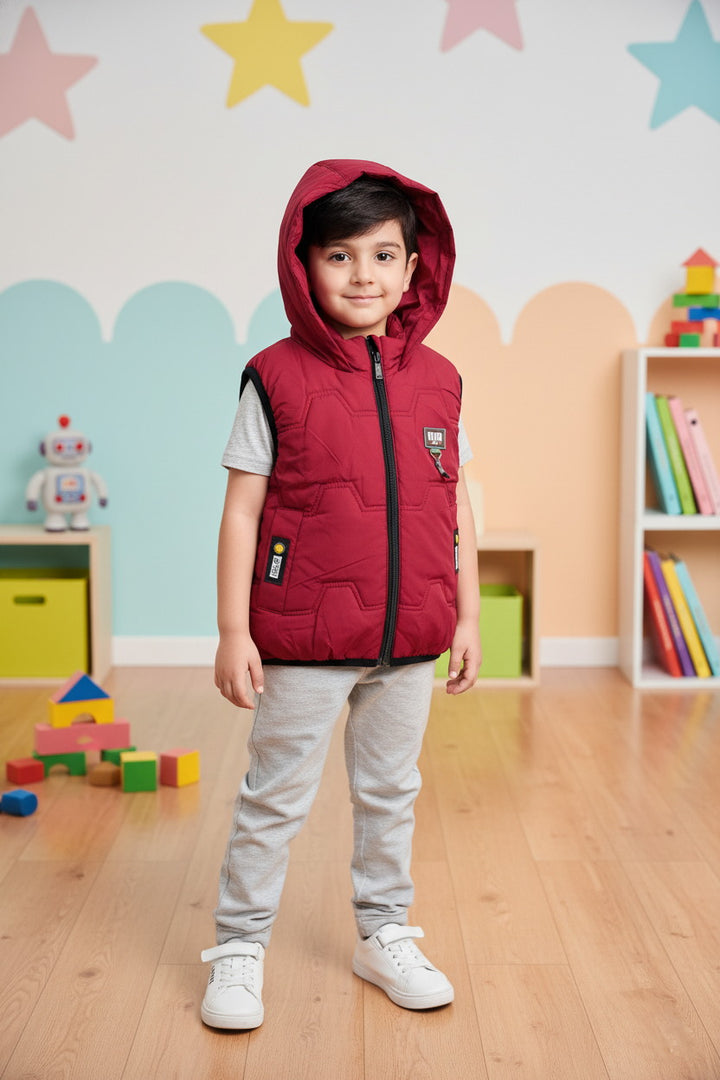 Kids Red Padded Sleeveless Hooded Jacket - Alvore.pk