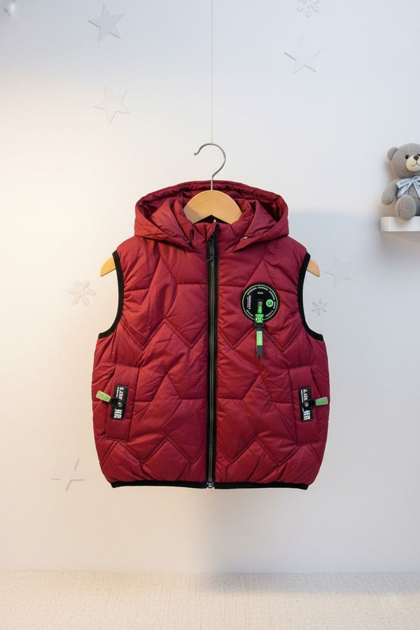 Kids Red Padded Sleeveless Hooded Jacket design 2 - Alvore.pk