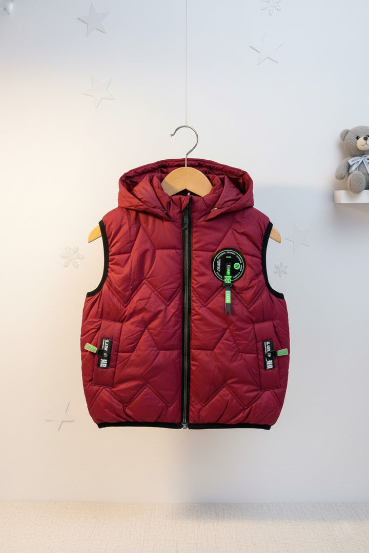 Kids Red Padded Sleeveless Hooded Jacket design 2 - Alvore.pk
