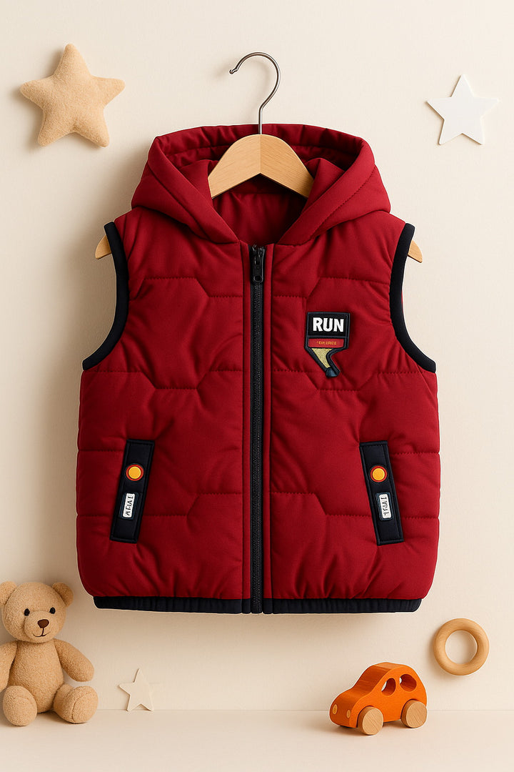 Kids Red Padded Sleeveless Hooded Jacket - Alvore.pk