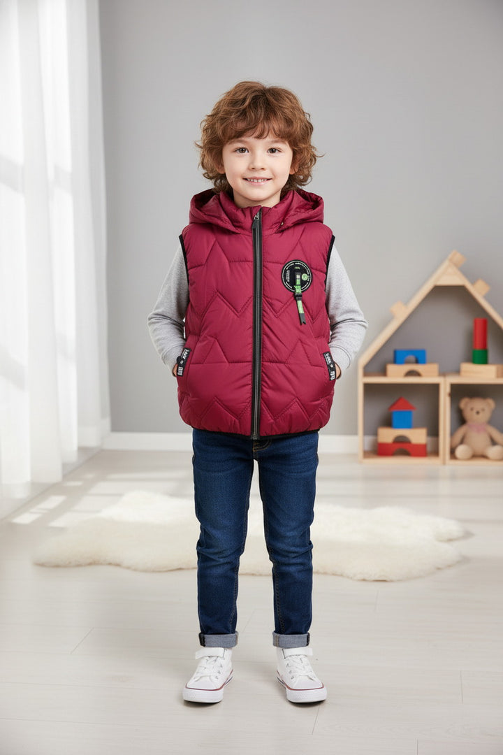 Kids Red Padded Sleeveless Hooded Jacket design 2 - Alvore.pk