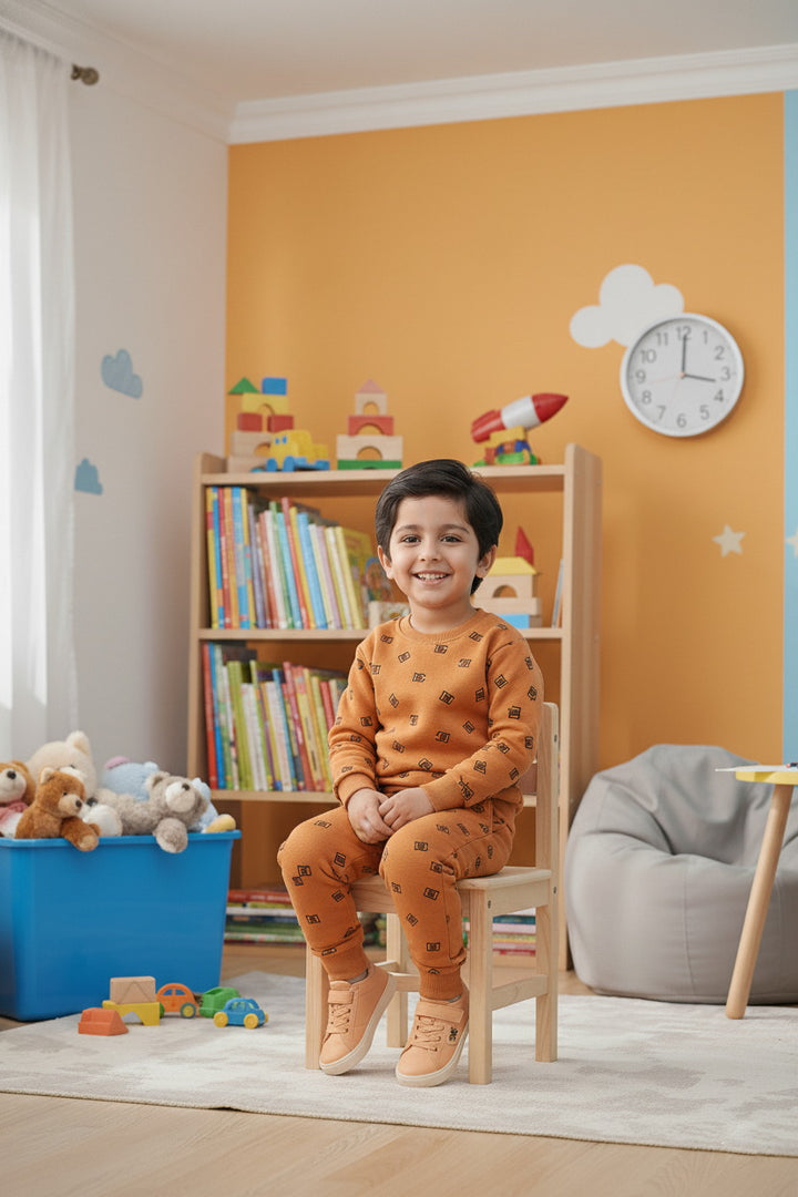 Kids Boys DG 2 piece Printed Mustard Orange Fleece Tracksuit - Alvore.pk