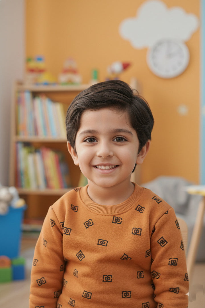 Kids Boys DG 2 piece Printed Mustard Orange Fleece Tracksuit - Alvore.pk