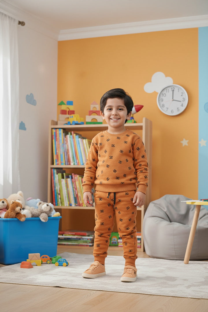 Kids Boys DG 2 piece Printed Mustard Orange Fleece Tracksuit - Alvore.pk