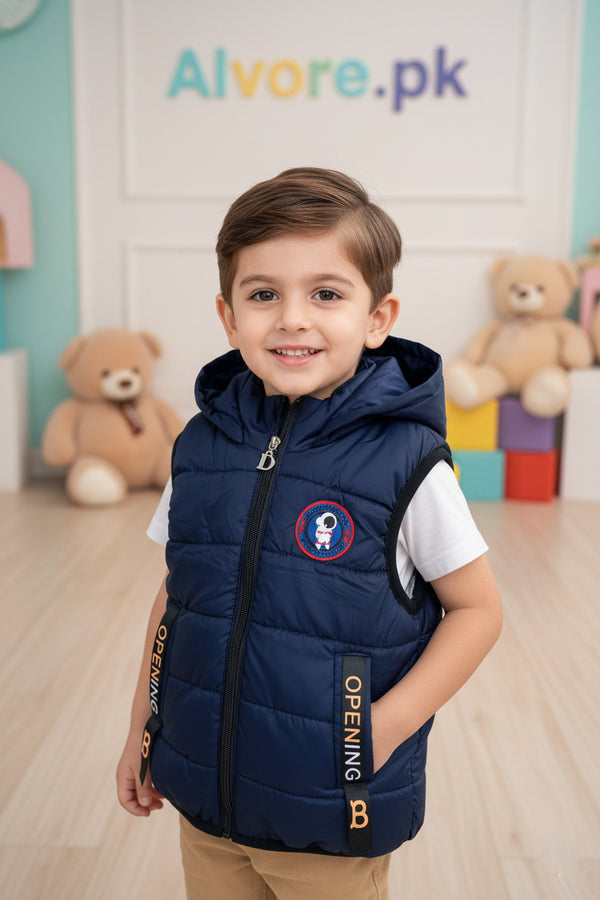 Kids Boys Navy Blue Padded Sleeveless Hooded Jacket – Winter Wear - Alvore.pk