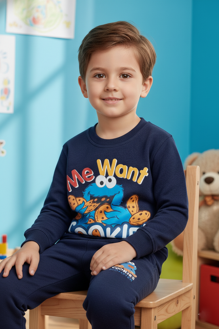 Kids Navy Cookie Monster Sweatshirt & Trouser 2 Piece Suit - Alvore.pk