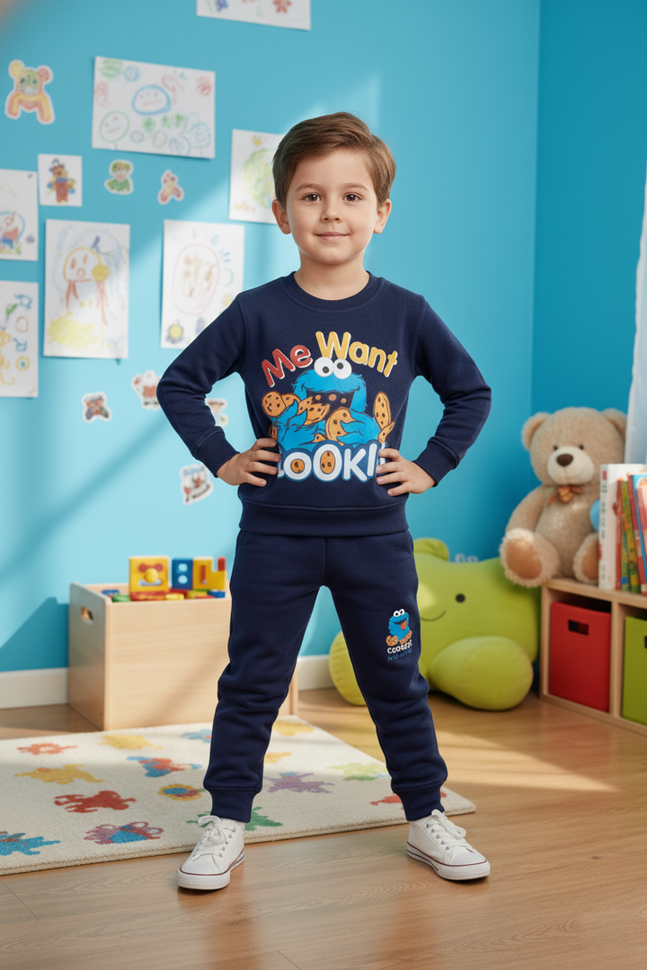 Kids Navy Cookie Monster Sweatshirt & Trouser 2 Piece Suit - Alvore.pk