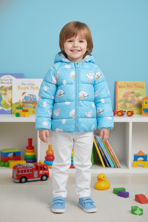 Kids Sky Blue Winter Puffer Jacket with Cloud Character Print - Alvore.pk