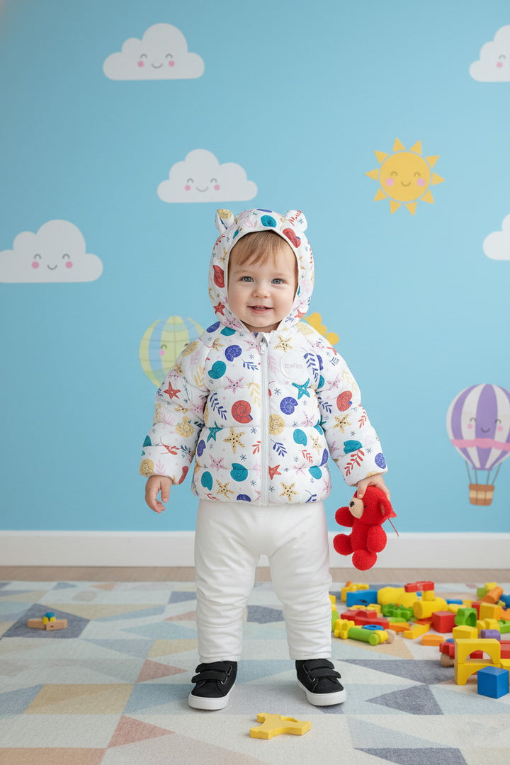 Kids White Winter Puffer Jacket with Colourful Pattern Print - Alvore.pk