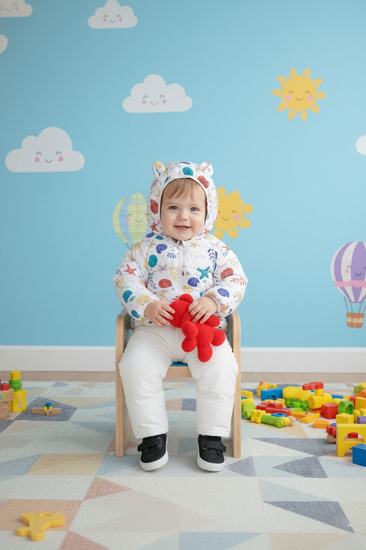 Kids White Winter Puffer Jacket with Colourful Pattern Print - Alvore.pk