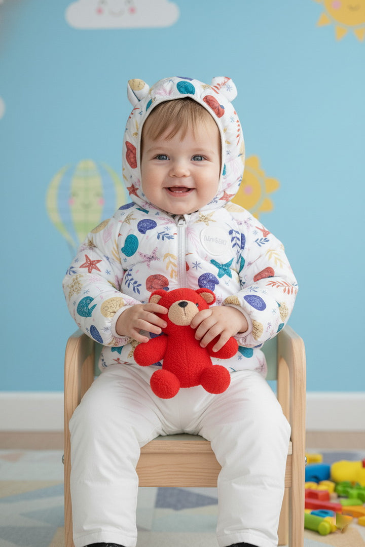 Kids White Winter Puffer Jacket with Colourful Pattern Print - Alvore.pk