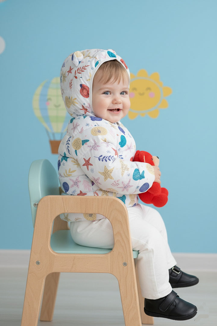 Kids White Winter Puffer Jacket with Colourful Pattern Print - Alvore.pk