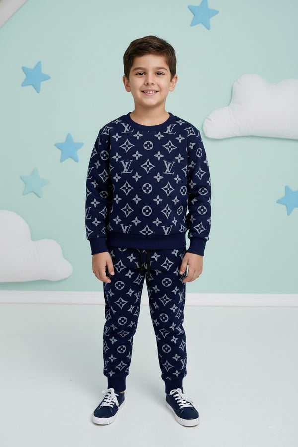 Navy Blue Boys 2-Piece Set – Sweatshirt & Trouser, Geometric Monogram printed - Alvore.pk