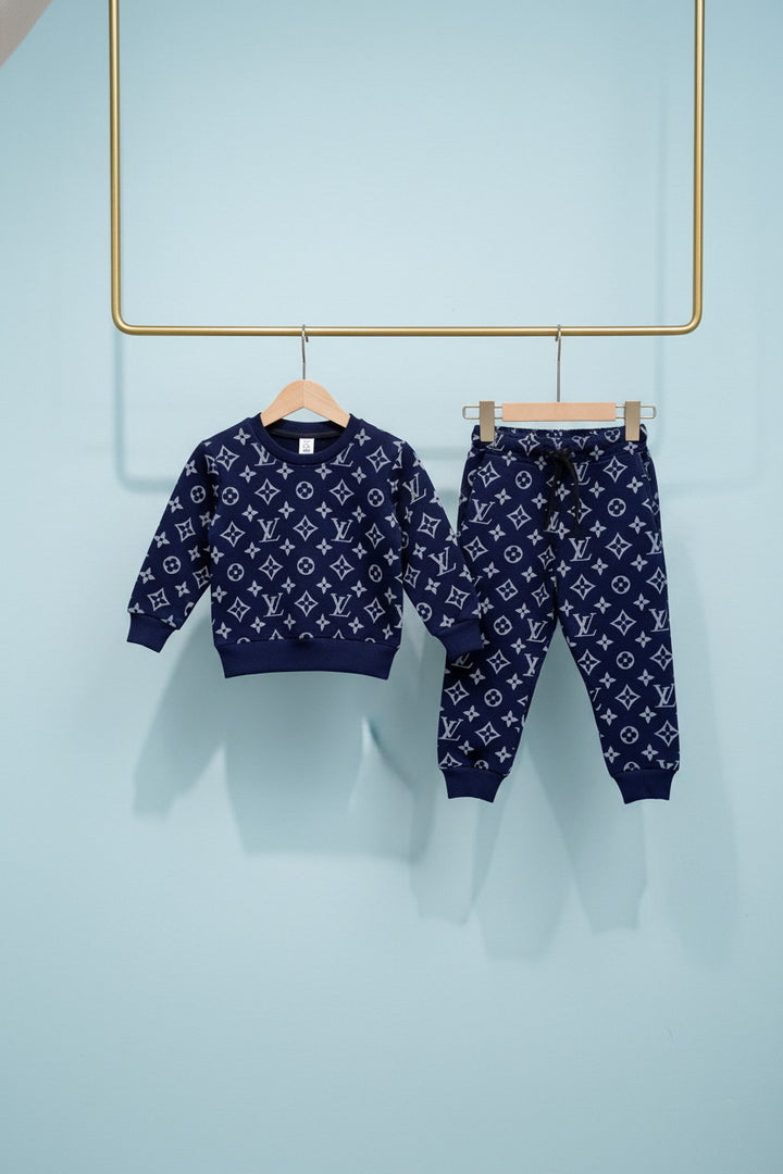 Navy Blue Boys 2-Piece Set – Sweatshirt & Trouser, Geometric Monogram printed - Alvore.pk