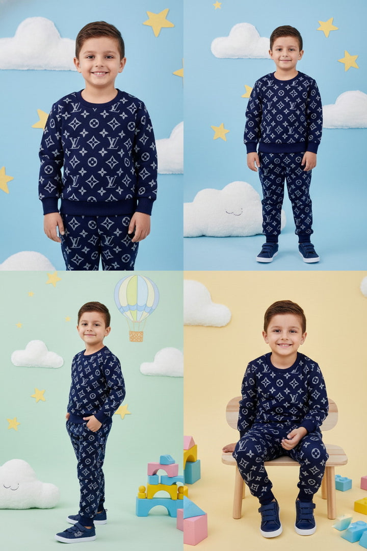 Navy Blue Boys 2-Piece Set – Sweatshirt & Trouser, Geometric Monogram printed - Alvore.pk