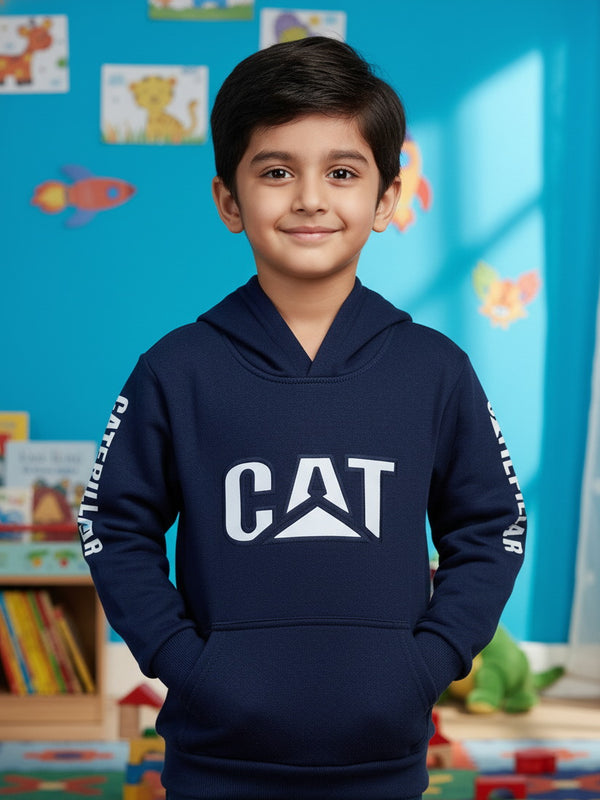 Navy Blue Caterpillar CAT Logo Kids Hoodie – Front Print Design with Sleeve Branding - Alvore.pk