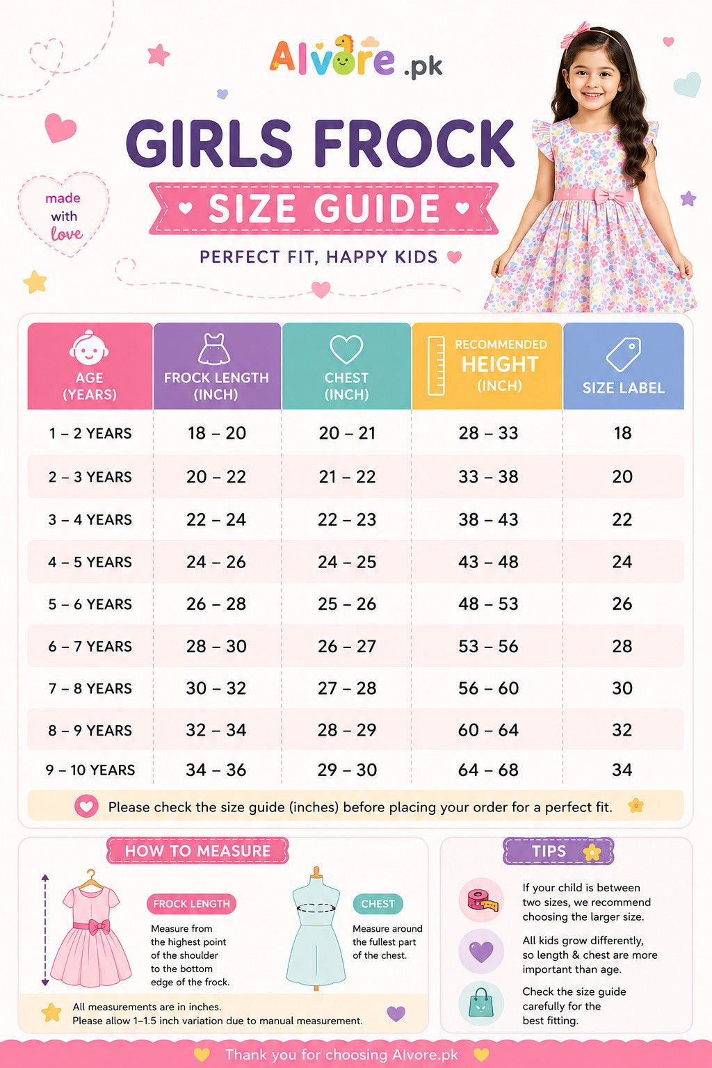 Size chart for Stylish Peach Girls Frock with Polka Dots & Floral Embroidery