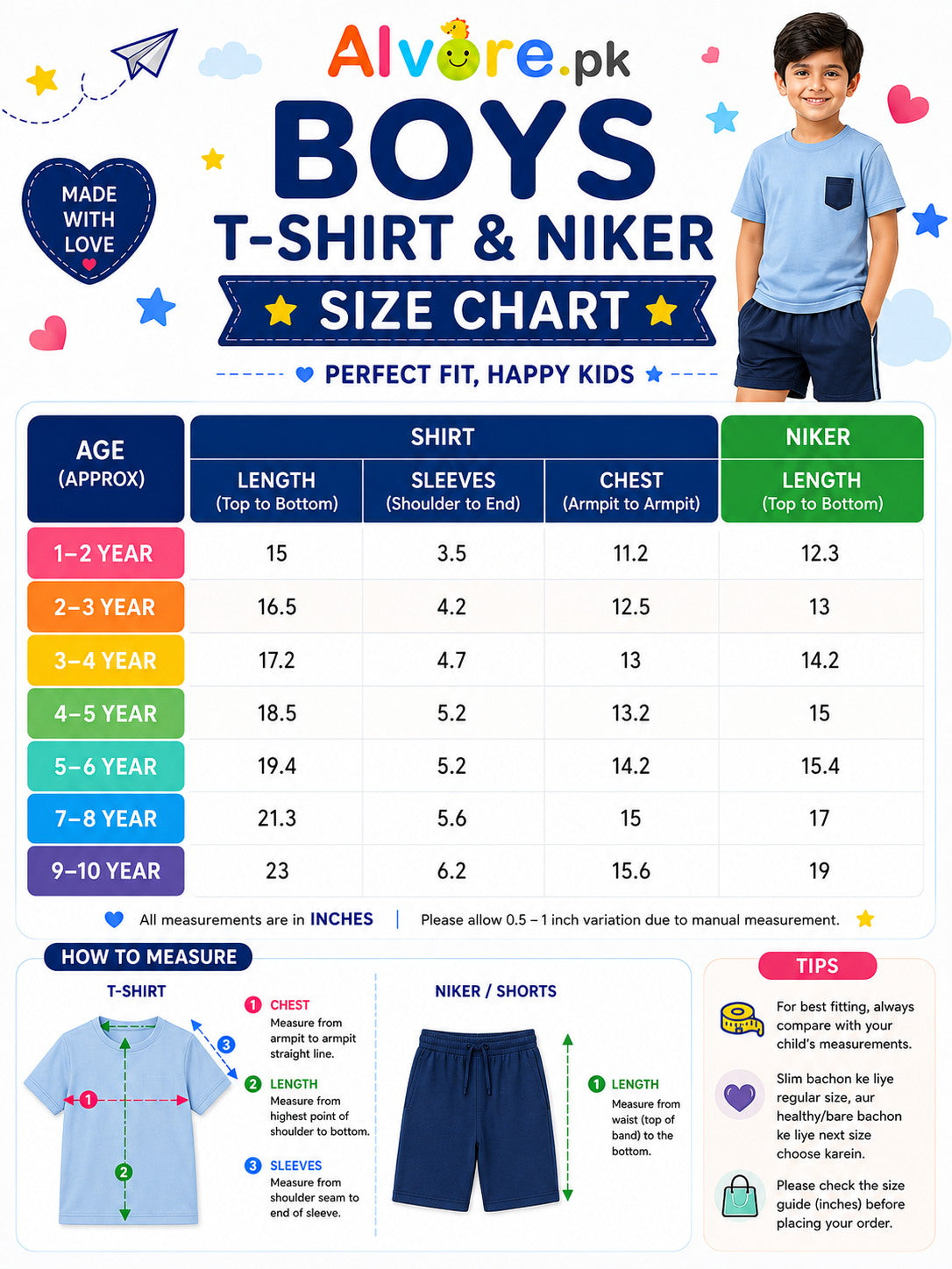 Size chart for Boys T-Shirts and Shorts Set – White Car Print Cotton Outfit